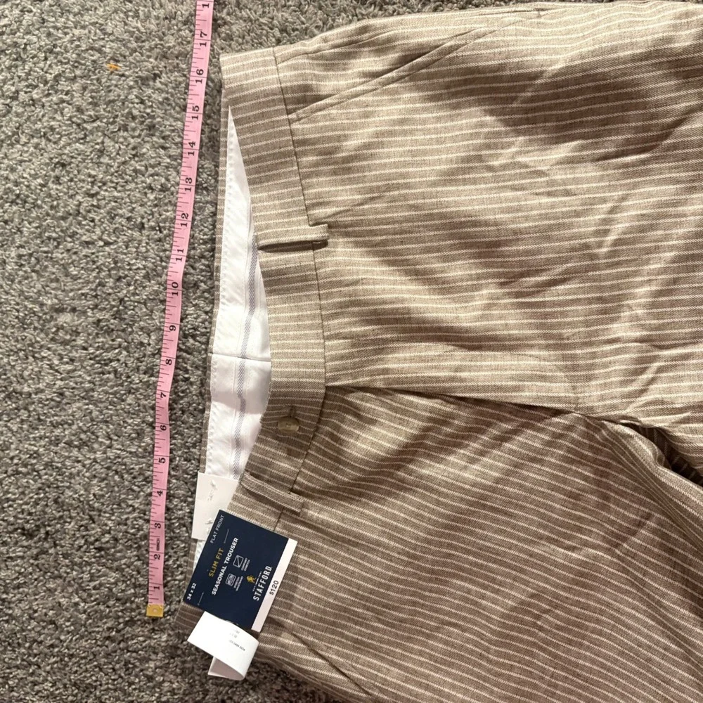 Stafford Seasonal Trouser Mens 34x32 Khaki New Striped Slim Fit Linen Blend